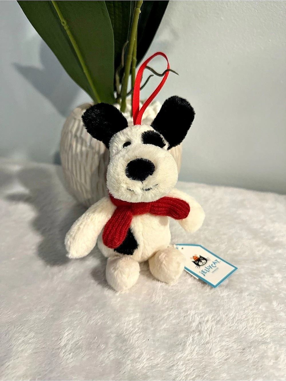 Jellycat Bashful Puppy Decoration Plush Ornament White & Red